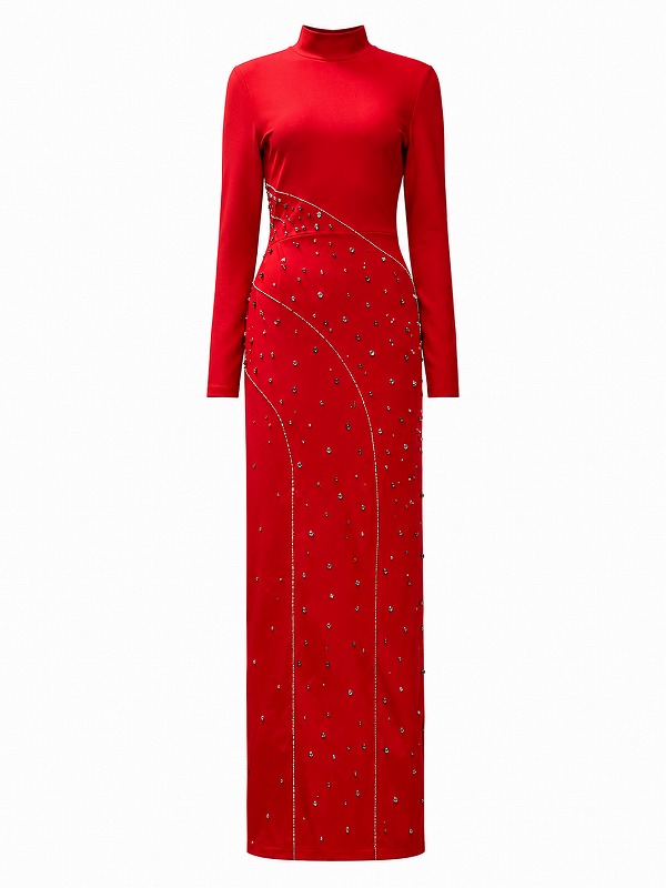 【新品DRESS 4832】アシンメトリーラインストーン×カラフルドロップビジューストレッチタイトロングドレス レッド